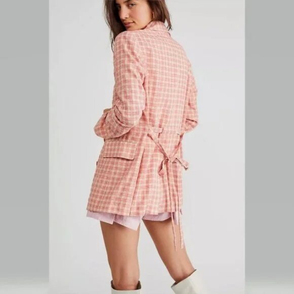 Free People Olivia Gingham Pink Plaid Check Blazer Jacket Large NEW - Picture 6 of 9